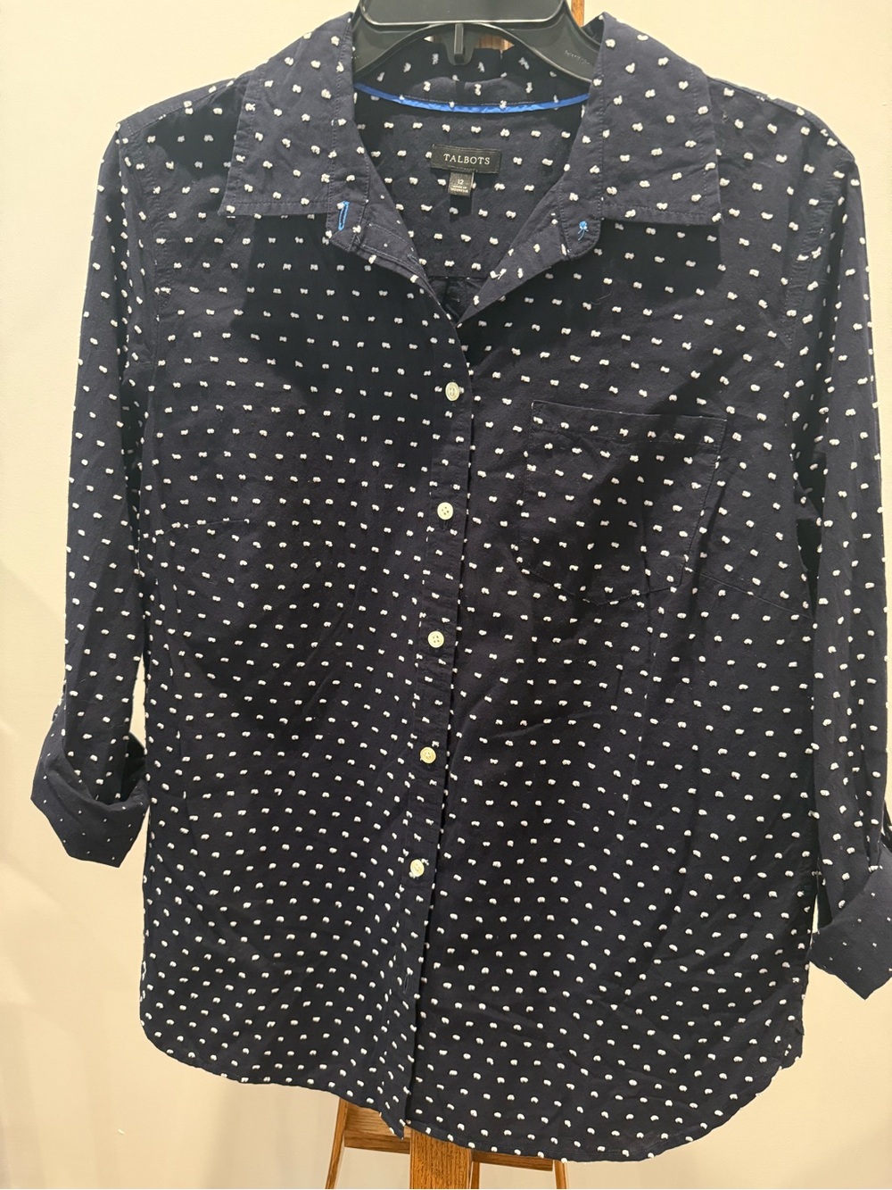 Talbots Navy Shirt with White Dot Pattern